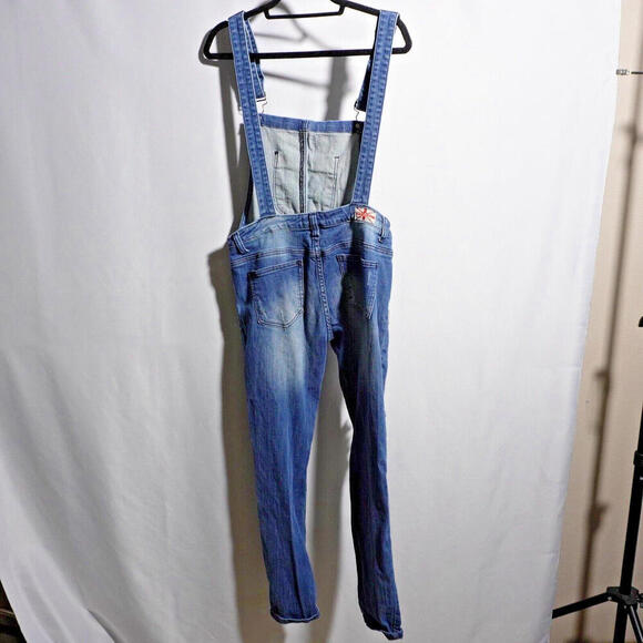 Machine Italy Bib Overalls Womens 31 Large Blue Distressed Grunge‎ Denim Skinny - Picture 3 of 9